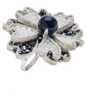 Anello Fiore con Cristalli, Perline e Strass Bianchi e Neri - Ottaviani