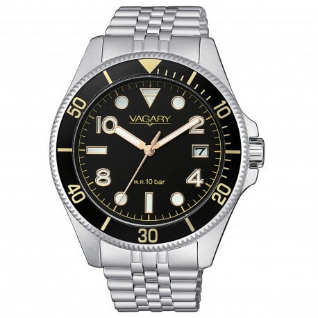 Vagary Watch - Man Only Time in Steel with Black Dial and Gold Details