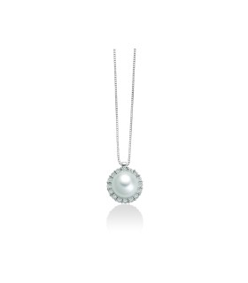 Necklace Woman in White Gold with Pearl 7-7.5 with Diamonds - Yukiko