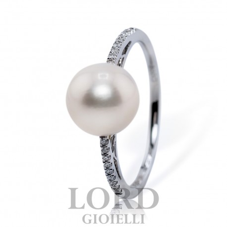 Anello Donna in oro Bianco con Perla 8/8,5mm con Diamanti ct. 0,06 G VS ABX15889 - Giorgio Visconti