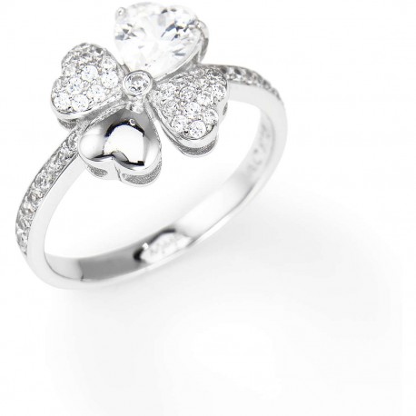 Woman Ring in Silver Four Leaf Clover with Zircons and White Swarovsky -  Amen - Lord Gioielli